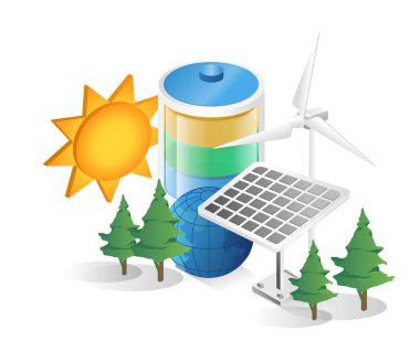 Flat isometric 3d illustration concept of battery energy solar panel
