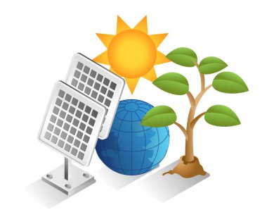 Flat isometric 3d illustration eco green concept with solar panels