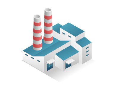 Flat isometric concept 3d illustration minimalist industrial building factory and chimney