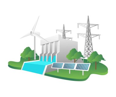 Flat isometric 3d illustration concept of electrical energy from hydropower dam