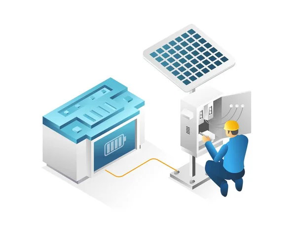 Flat Isometric Illustration Concept Technician Repairing Solar Panel Battery Drain — Vector de stock