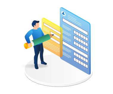 Ekranda insanın kayıt formunu doldurduğu Isometric düz 3d illüstrasyon kavramı