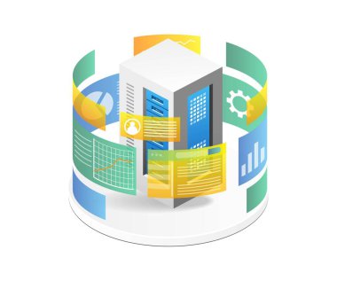Çevreleyen analizci ekran sunucusunun Isometric düz 3d illüstrasyon kavramı