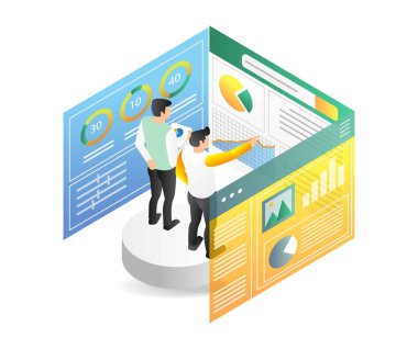 Verileri analiz eden iki adamın Isometric 3D düz çizim konsepti