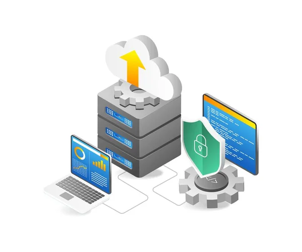 Isometrische Flache Illustration Konzept Des Cloud Server Sicherheitsprogramms Analyse Datenprozess — Stockvektor