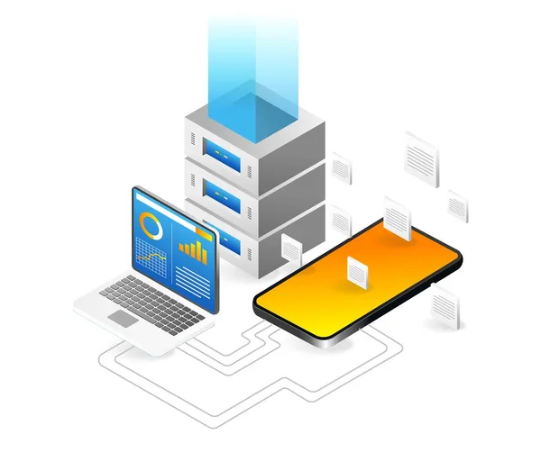 Analist Smartphone Data Server Isometrische Platte Illustratie Concept — Stockvector