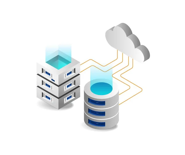 数据库存储网络和云服务器的等距平面3D图解概念 — 图库矢量图片