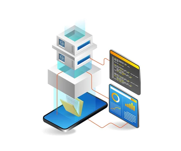 Isometrische Flache Illustration Konzept Der Anwendung Smartphone Analyse Datenspeicher Server — Stockvektor