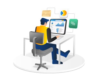 Ofiste dizüstü bilgisayarda çalışan bir iş adamı. İzometrik vektör illüstrasyonu.