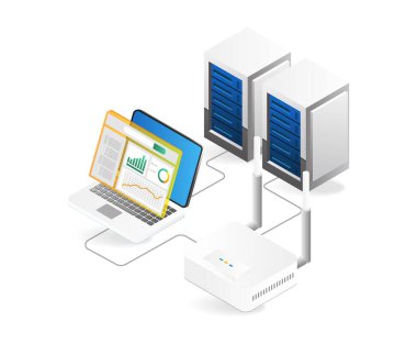 Sunucu yönetimi analiz bağlantısına ev sahipliği yapmanın 3d izometrik illüstrasyon kavramı