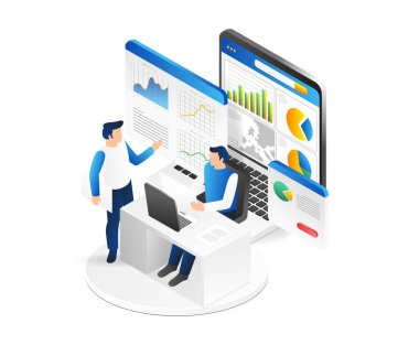 Isometric iş adamları yeni bir proje üzerinde birlikte çalışıyorlar. Başarılı iş ekibi. Vektör illüstrasyonu.