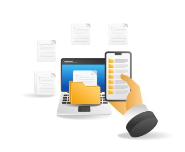 Ekranda bilgisayar ve belge klasörüyle çalışan bir iş adamı. Vektör illüstrasyonu