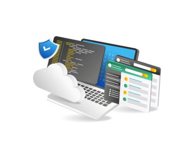 Laptop, tablet bilgisayar, akıllı telefon ve kalkan ile bulut hesaplama güvenlik kavramı