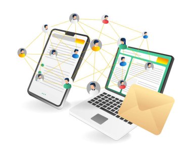 Bir grup insanla cep telefonu ve dizüstü bilgisayar. İzometrik vektör illüstrasyonu.