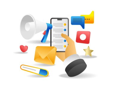 Konuşma balonu ve megafonlu akıllı telefon. Vektör illüstrasyonu.