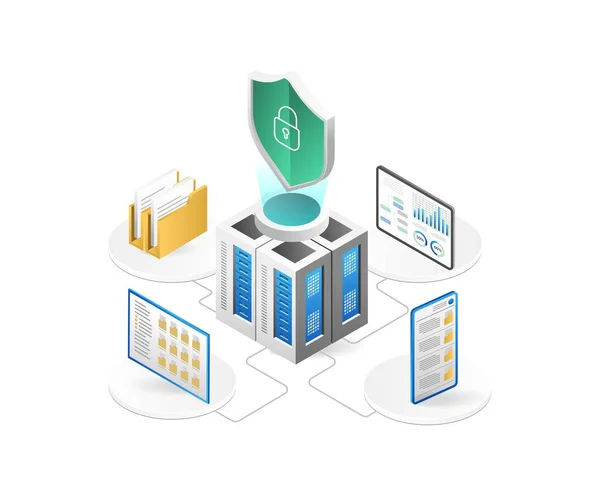 Concepto Isométrico Protección Datos Sala Servidores Con Iconos Protección Seguridad — Vector de stock