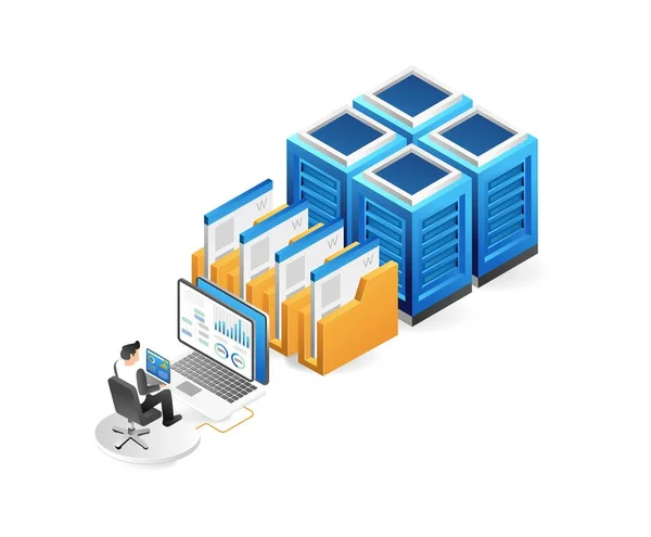 Concetto Data Center Isometrico Archiviazione Hosting Cloud Sala Server Data — Vettoriale Stock