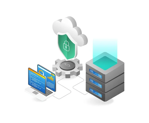Concepto Isométrico Cloud Computing Servidor Alojamiento Centro Datos Cloud Computing — Vector de stock