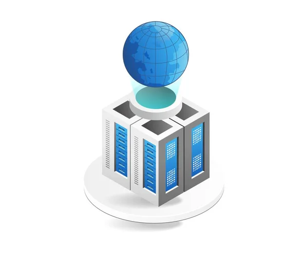 Global Network Isometric Concept Server Globe Vector Illustration — Stock Vector
