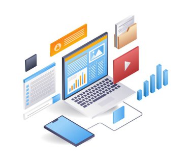 İş analisti dijital oluşturucu içeriği, düz izometrik 3d illüstrasyon