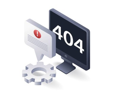 Bilgisayar uyarı hatası 404, düz izometrik 3d illüstrasyon