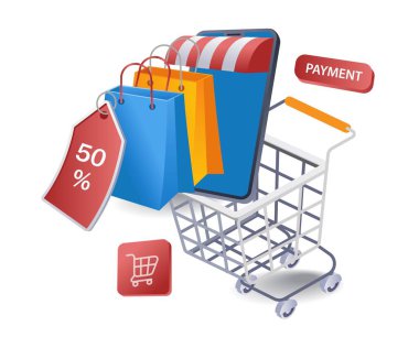 Çevrimiçi alışveriş ekommersi konsepti, düz izometrik 3d illüstrasyon