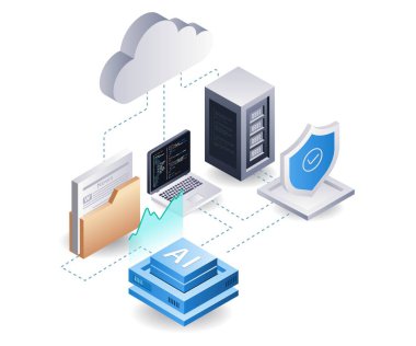 Bulut sunucusu analisti web geliştirici, düz izometrik 3d illüstrasyon