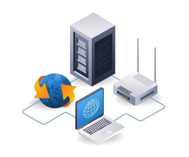 İnternet ağ yönlendirici bilgisayar sunucusu konsepti, düz izometrik 3d illüstrasyon