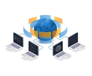 İnternet bilgisayar ağı bilgi teknolojisi konsepti, düz izometrik 3d illüstrasyon