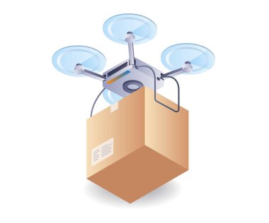 Drone paketleri teslim ediyor, düz izometrik 3d illüstrasyon