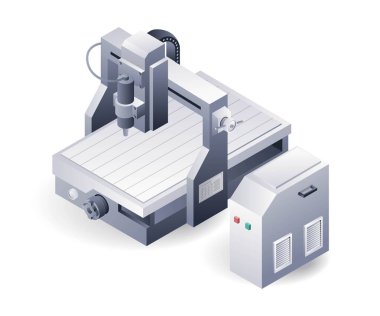 Otomatik kesme cnc torna makinesi, izometrik plaka 3d illüstrasyon