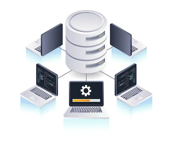 stock vector Computer network management database system, flat isometric 3d illustration