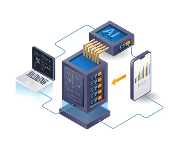 Bulut sunucusu yapay zeka programcısı analisti, düz izometrik 3d illüstrasyon