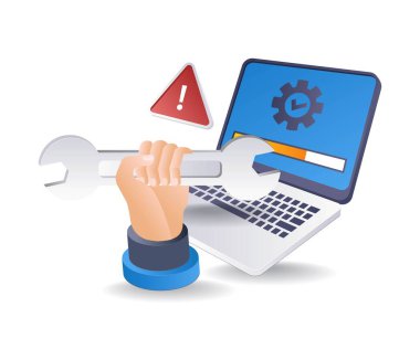 Bilgisayar bakım güncellemesi Infographic 3d illüstrasyon düz izometrik