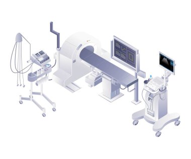 Gelişmiş tıbbi doktor araçları teknoloji Infographic 3d illüstrasyon düz izometrik