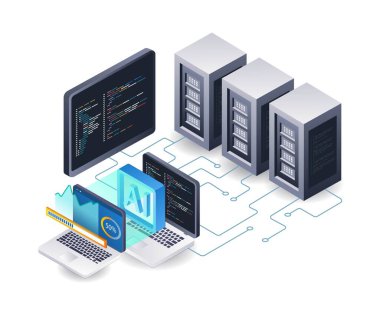 AI 3d düz izometrik illüstrasyon bilgi sunucusunun geliştirilmesine yardımcı olur