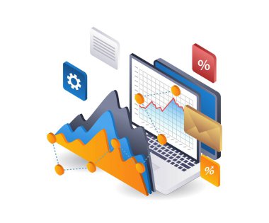 Çevrimiçi yatırım şirketlerinin gelişimine ilişkin analiz verileri, infografikler düz izometrik üç boyutlu çizimler