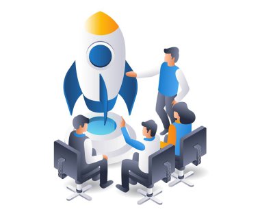 Başlangıç Ekibi yeni bir ürün başlatıyor, infografik düz izometrik 3d illüstrasyon