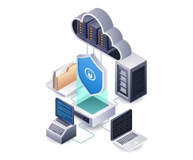 Bulut sunucusu güvenlik veri merkezi teknolojisi Infographic 3d illüstrasyon düz izometrik