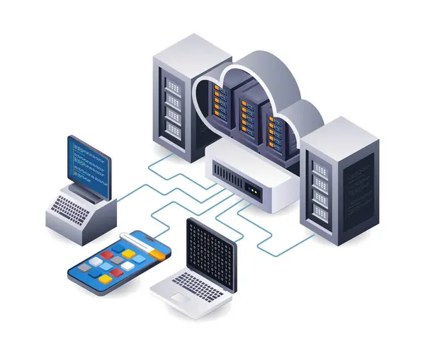 Big Data Center Cloud Server Technology Infographics Flat Isometric Illustration Vectores de stock libres de derechos