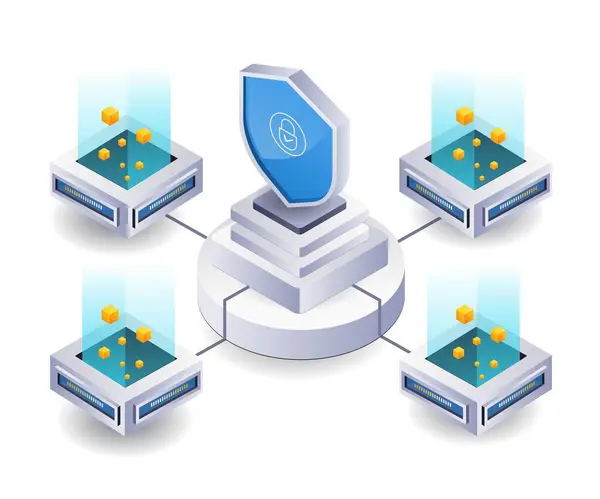 Netwerk Beveiliging Server Technologie Infographic Illustratie Platte Isometrische Rechtenvrije Stockvectors