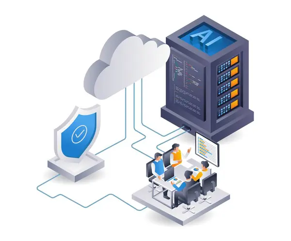 Cloud Server Beveiligingscentrum Team Infographic Illustratie Platte Isometrische Stockvector