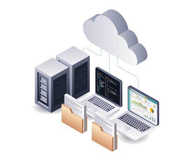 Bulut Sunucusu Veri Analizi Sistemi izometrik illüstrasyonu