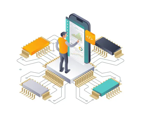 Stock vector Analyzing Technology Chips for Networking Data Insights