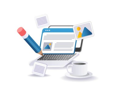 Bilgisayarda bir fincan kahveyle çalışıyorum.