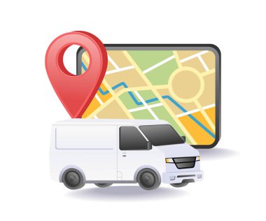 Teslimatı, navigasyonu ve lojistiği simgeleyen konum haritası olan minibüs arabası