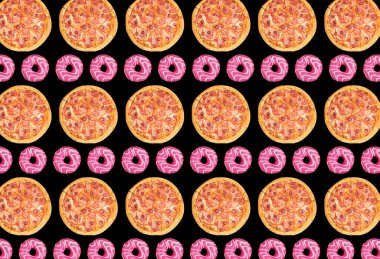 Siyah arka planda bütün bir pizzanın modaya uygun renkli tekrarlama kalıbı. Yüksek kalite fotoğraf