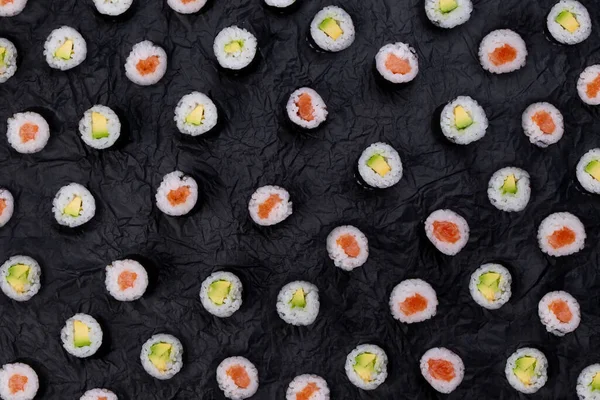 Суши Маки Рулоны Черном Фоне Вид Сверху Мода Продовольственный Фон — стоковое фото