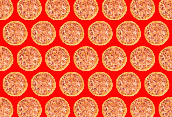 Módní Barevný Opakující Vzor Celé Pizzy Červeném Pozadí Kvalitní Fotografie — Stock fotografie