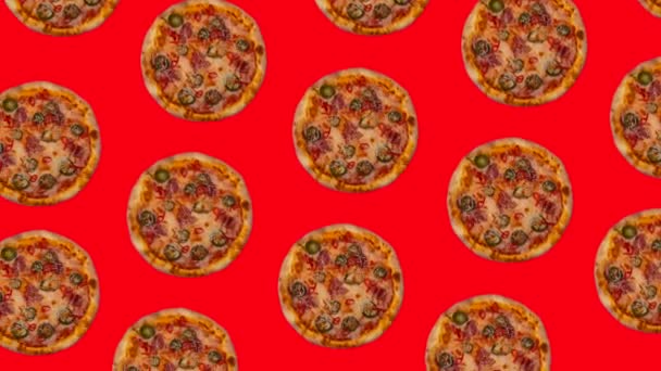 Анімація Модного Циклу Або Фон Багатьох Піц Червоному Тлі — стокове відео
